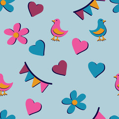 Love hearts and birds holiday pattern