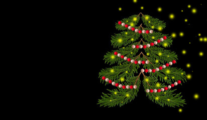 Beautiful Christmas tree with a garland and lanterns on a black background.