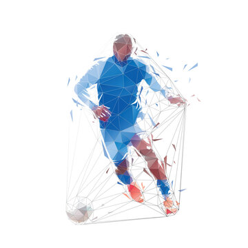 Soccer player running with ball, isolated low polygonal vector illustration, front view. Footballer geometric drawing from triangles, low poly football striker