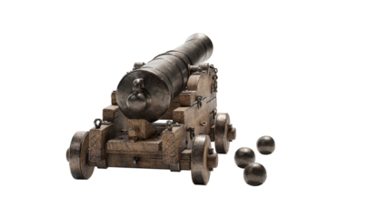 Ancient cannon on wheels with cannonballs isolated on white background with clipping path