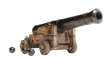 Ancient cannon on wheels with cannonballs isolated on white background with clipping path - obrazy, fototapety, plakaty