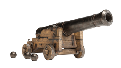 Ancient cannon on wheels with cannonballs isolated on white background with clipping path