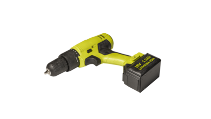 The yellow cordless battery powered drill isolated on white background with clipping path. Yellow drill. Electric device for the home repair. Household instrument.