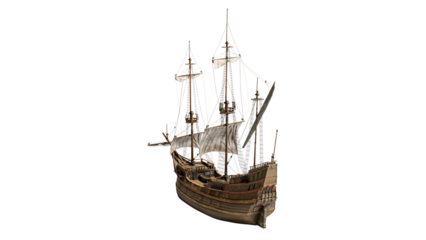 Wooden sailboat sails steampunk fantastic wooden Dutch ship in the style of engraving. Isolated On White background with clipping path.
