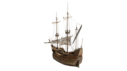 Foto auf Acrylglas Schiff Wooden sailboat sails steampunk fantastic wooden Dutch ship in the style of engraving. Isolated On White background with clipping path.