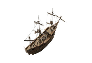 Top view of wooden sailboat sails steampunk fantastic wooden Dutch ship in the style of engraving....