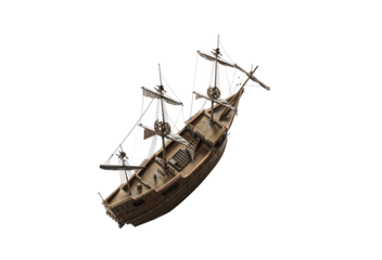 Top view of wooden sailboat sails steampunk fantastic wooden Dutch ship in the style of engraving. Isolated On White background with clipping path.