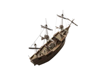 Fototapeten Schiff Top view of wooden sailboat sails steampunk fantastic wooden Dutch ship in the style of engraving. Isolated On White background with clipping path.  © LAYHONG