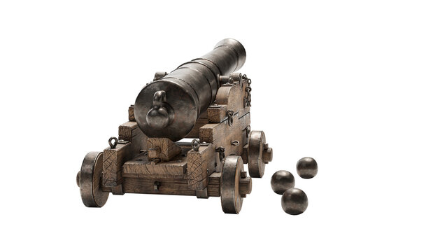 Ancient cannon on wheels with cannonballs isolated on white background with clipping path