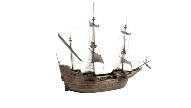 Wooden sailboat sails steampunk fantastic wooden Dutch ship in the style of engraving. Isolated On White background with clipping path.