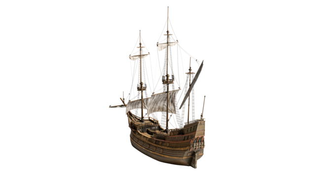 Wooden sailboat sails steampunk fantastic wooden Dutch ship in the style of engraving. Isolated On White background with clipping path.