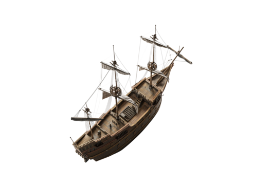 Top view of wooden sailboat sails steampunk fantastic wooden Dutch ship in the style of engraving. Isolated On White background with clipping path.