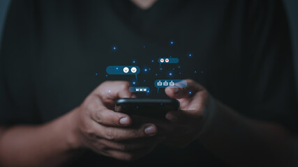 Happy woman looking on smartphone watching social and online entertainment sent the gift in the new year event with fun and happiness emoticons, Social media and digital online concepts.