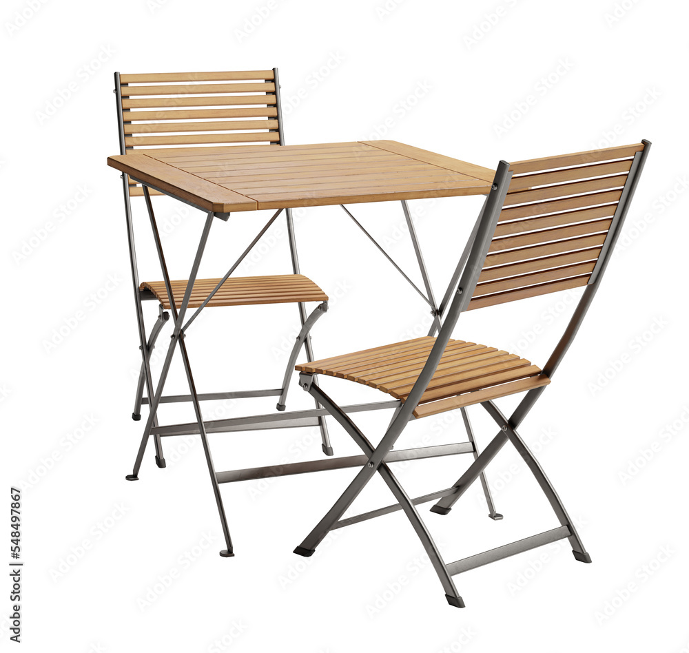 Poster wooden table with two chairs. isolated on white background with clipping path