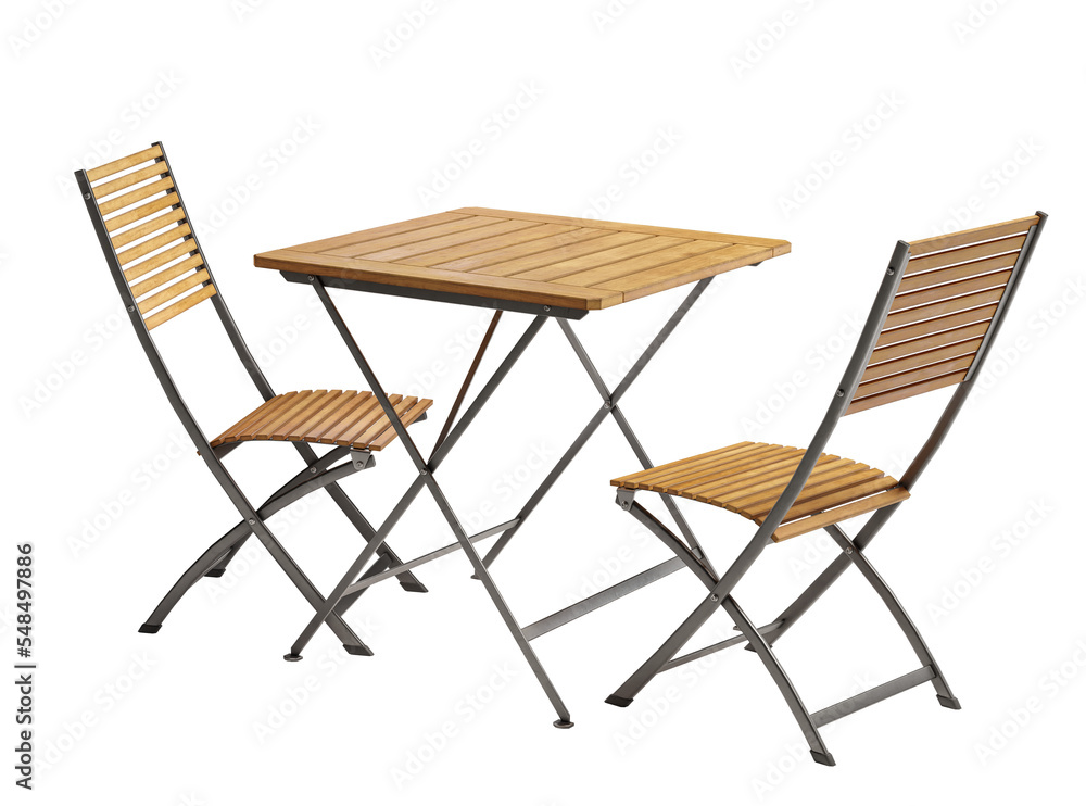 Poster wooden table with two chairs. isolated on white background with clipping path