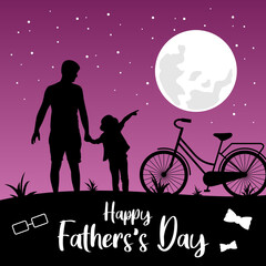 Vector illustration of Dad and Daughter in the night sky under the moon and stars for Fathers Day gift card, poster, or other