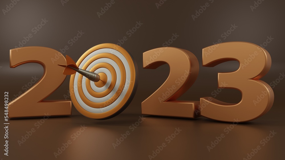 Fototapete 3d rendering of the date of the 2023 new year. golden numbers and a target with a dart. the idea of 