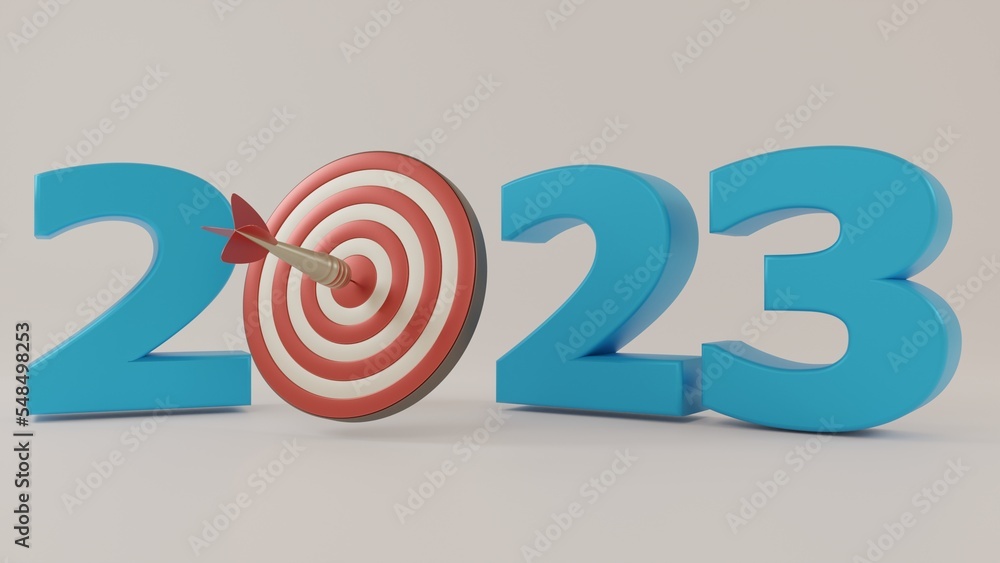 Poster 3d rendering of the date 2023. instead of zero, a target with a dart in the center. the idea of spor