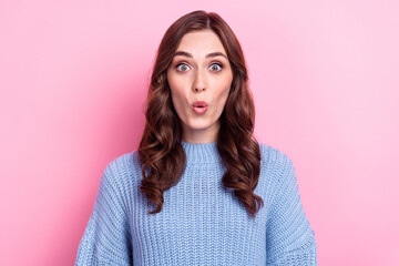 Obraz premium Closeup portrait of funny crazy nice woman wear blue knitted sweater pouted lips surprised autumn sale season isolated on pink color background