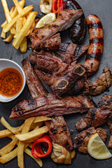 Meat platter cooked on the grill in Argentine style
