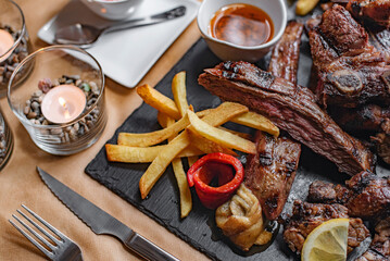 Meat platter cooked on the grill in Argentine style