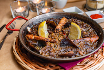Traditional freshly cooked paella with seafood