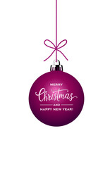 Weinrote Weihnachtskugel mit Grüße in englisch, 
Vektor Illustration isoliert auf weißem Hintergrund
