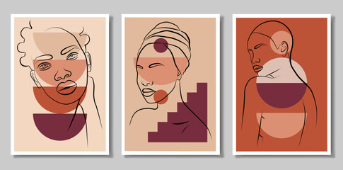 A set of three paintings. Drawing of the face line of an African woman. Minimalistic abstract portrait of a woman with a continuous line for the logo. Geometric shapes.
