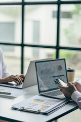 Credit finance business team explain business report from data analysis or bank marketing for...