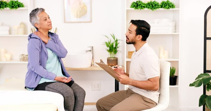 Physiotherapy, woman and chiropractor for neck pain, wellness support and physical therapy of body injury in clinic. Patient consulting healthcare doctor for medical service and health advice