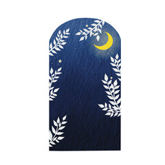 Moon, star, and bunch of tree with night sky from window frame for decoration on winter seasonal concept.