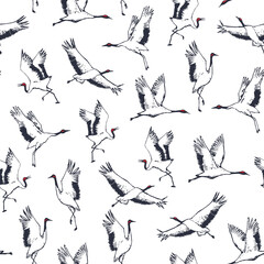 Japanese crane bird vector seamless pattern.