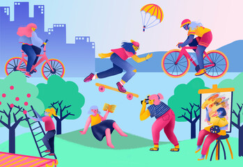 Mujeres haciendo diferentes actividades en la ciudad