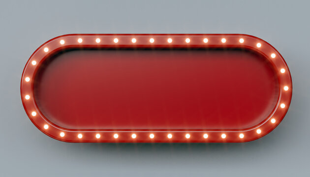 Red retro billboard in oval shape with glowing neon lights - 3D Rendering