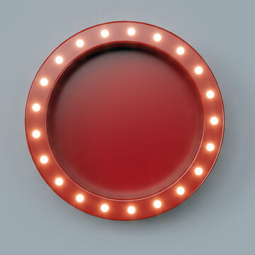 Red retro billboard in round shape with glowing neon lights - 3D Rendering