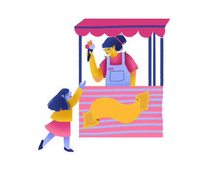 Ni&ntilde;a comprando helado a una mujer en un puesto 