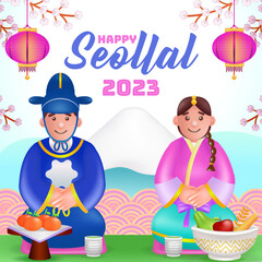 Happy Seollal 2023, 3d illustration of cute Korean man and woman with cherry blossom ornament and mountains background