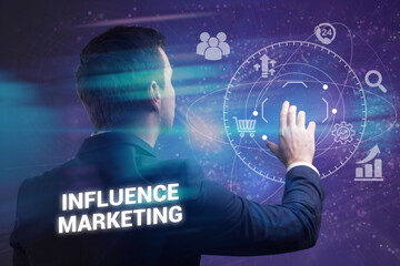 Business, technology, internet and network concept. Young businessman thinks over the steps for successful growth: Influence marketing