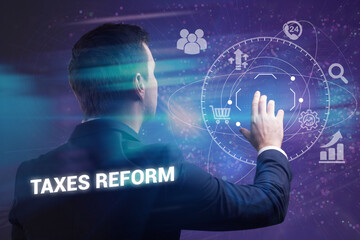 Business, technology, internet and network concept. Young businessman thinks over the steps for successful growth: Taxes reform