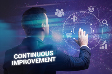 Business, technology, internet and network concept. Young businessman thinks over the steps for successful growth: Continuous improvement