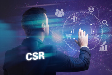 Business, technology, internet and network concept. Young businessman thinks over the steps for successful growth: CSR