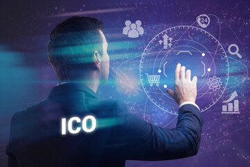 Business, technology, internet and network concept. Young businessman thinks over the steps for successful growth: ICO