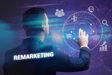 Business, technology, internet and network concept. Young businessman thinks over the steps for successful growth: Remarketing