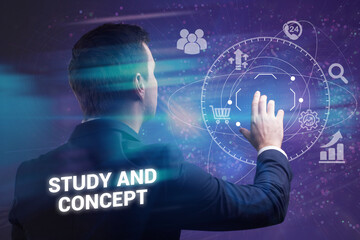 Business, technology, internet and network concept. Young businessman thinks over the steps for successful growth: Study and concept