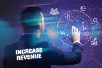 Business, technology, internet and network concept. Young businessman thinks over the steps for successful growth: Increase revenue