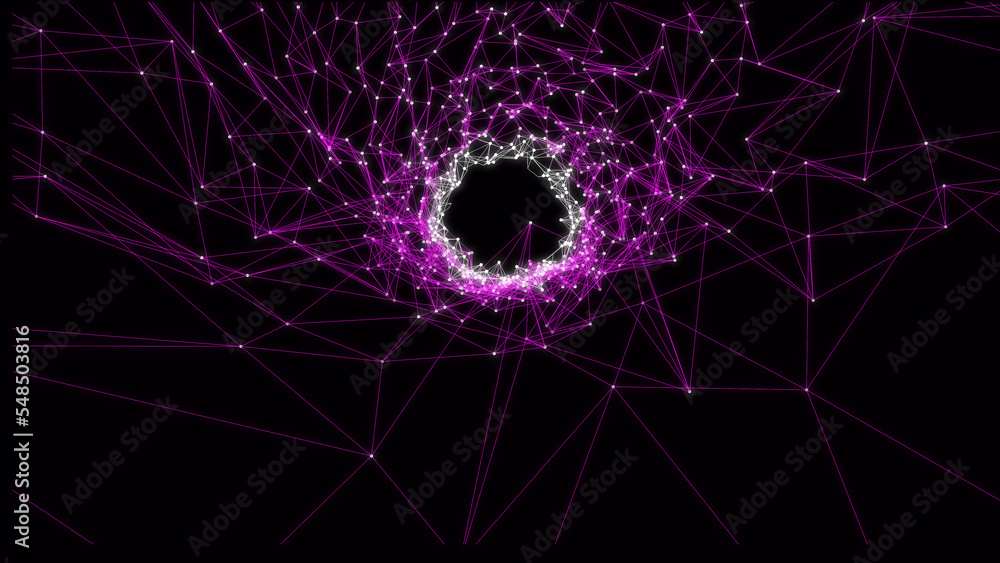 Poster purple neon circle with triangles. futuristic technical background. light and neon particles.illustr