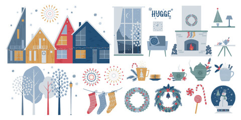 Set of elements for design on the theme of winter holidays. Scandinavian houses, fireworks, snow-covered trees, a fireplace, furniture, interior items, dishes, sweets and more. Over 36 elements.