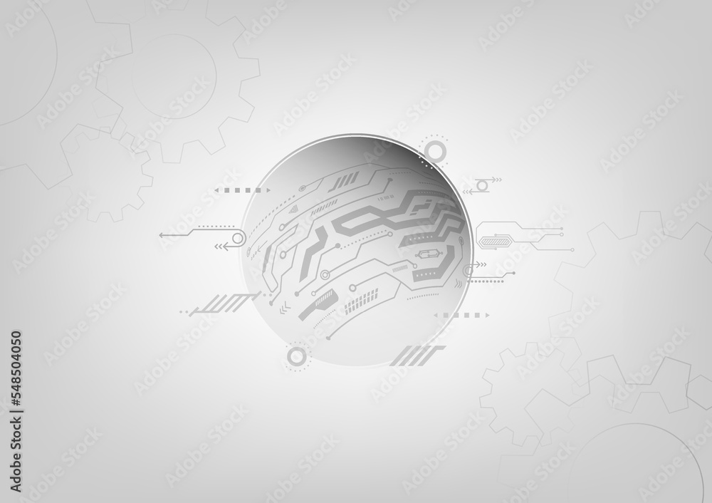Poster gray globes with patterned circuits, electronic technology, and symbols and cogs in lines. on a grad