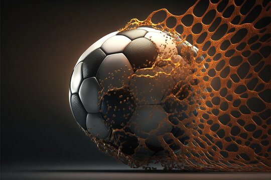 Close-up illustrations of a football bursting through a colored net