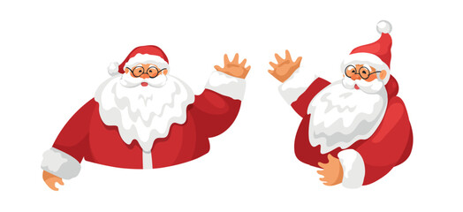 Bust portrait of Santa Claus waving hello. Christmas character for modern card design, invitation, sale. Flat cartoon vector illustration isolated on white background.